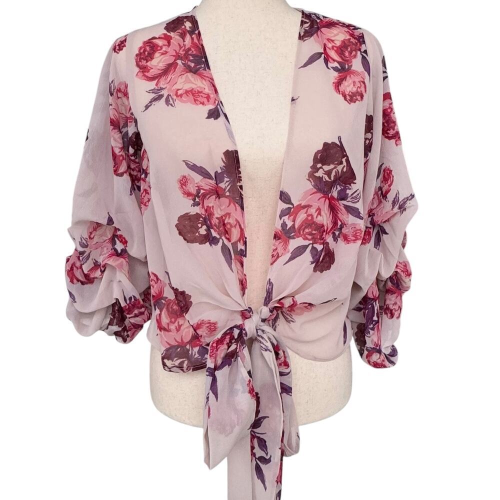 Live 4 Truth Floral Tie Front Kimono Crop Top Boho Puff Sleeve Cardigan XS NWT - Picture 1 of 10